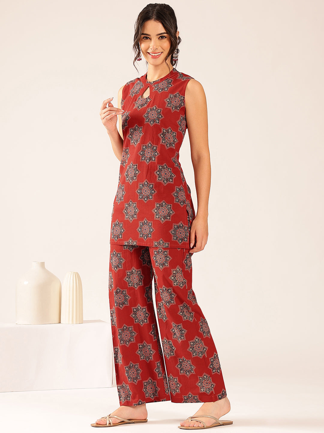 Maroon Floral Straight Cotton Stitched Co-Ord Set