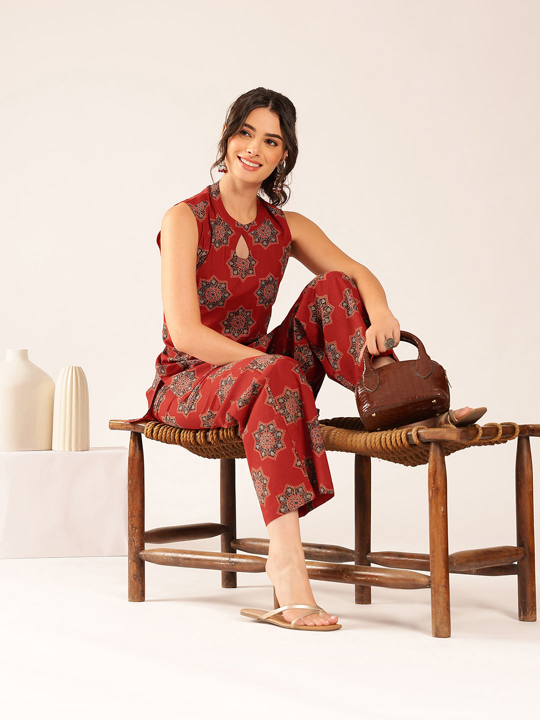 Maroon Floral Straight Cotton Stitched Co-Ord Set