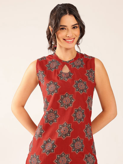 Maroon Floral Straight Cotton Stitched Co-Ord Set