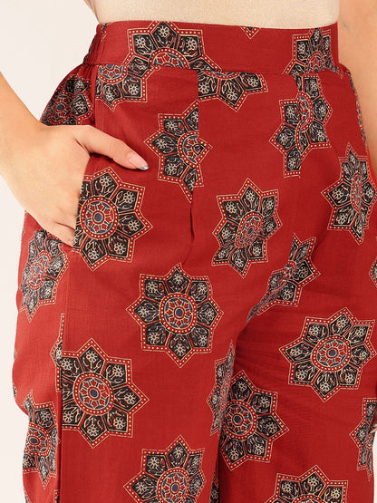 Maroon Floral Straight Cotton Stitched Co-Ord Set