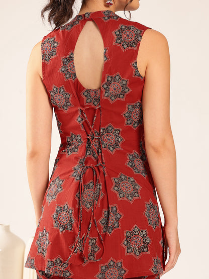 Maroon Floral Straight Cotton Stitched Co-Ord Set