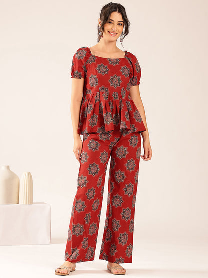 Maroon Floral Flared Cotton Stitched Co-Ord Set