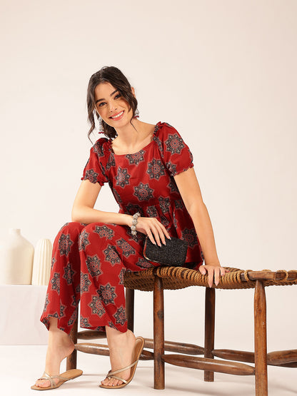 Maroon Floral Flared Cotton Stitched Co-Ord Set