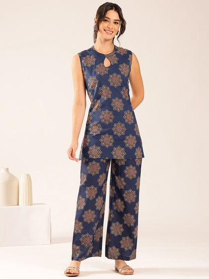 Turquoise Floral Straight Cotton Stitched Co-Ord Set