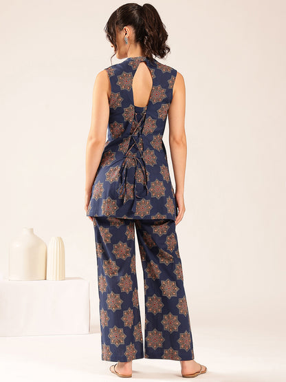 Turquoise Floral Straight Cotton Stitched Co-Ord Set