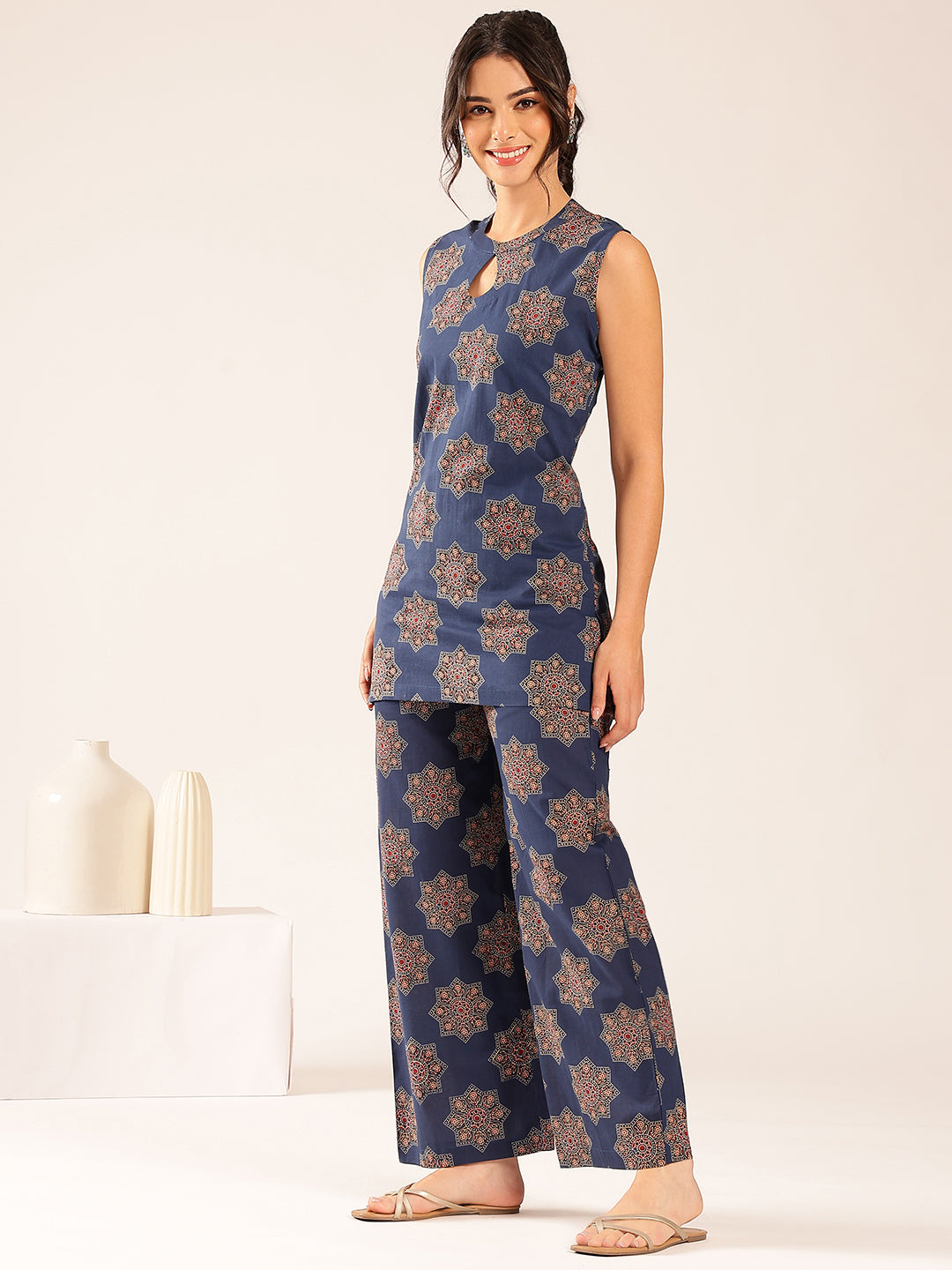 Turquoise Floral Straight Cotton Stitched Co-Ord Set