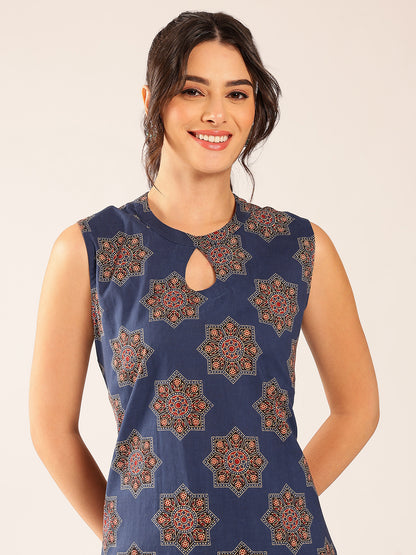 Turquoise Floral Straight Cotton Stitched Co-Ord Set
