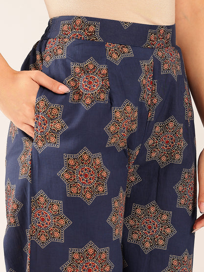 Turquoise Floral Straight Cotton Stitched Co-Ord Set