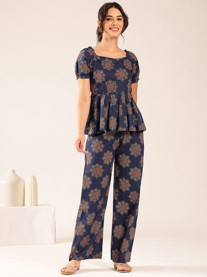 Blue Floral Flared Cotton Stitched Co-Ord Set