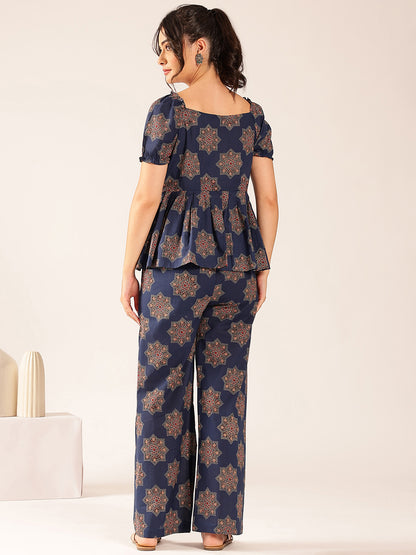 Blue Floral Flared Cotton Stitched Co-Ord Set