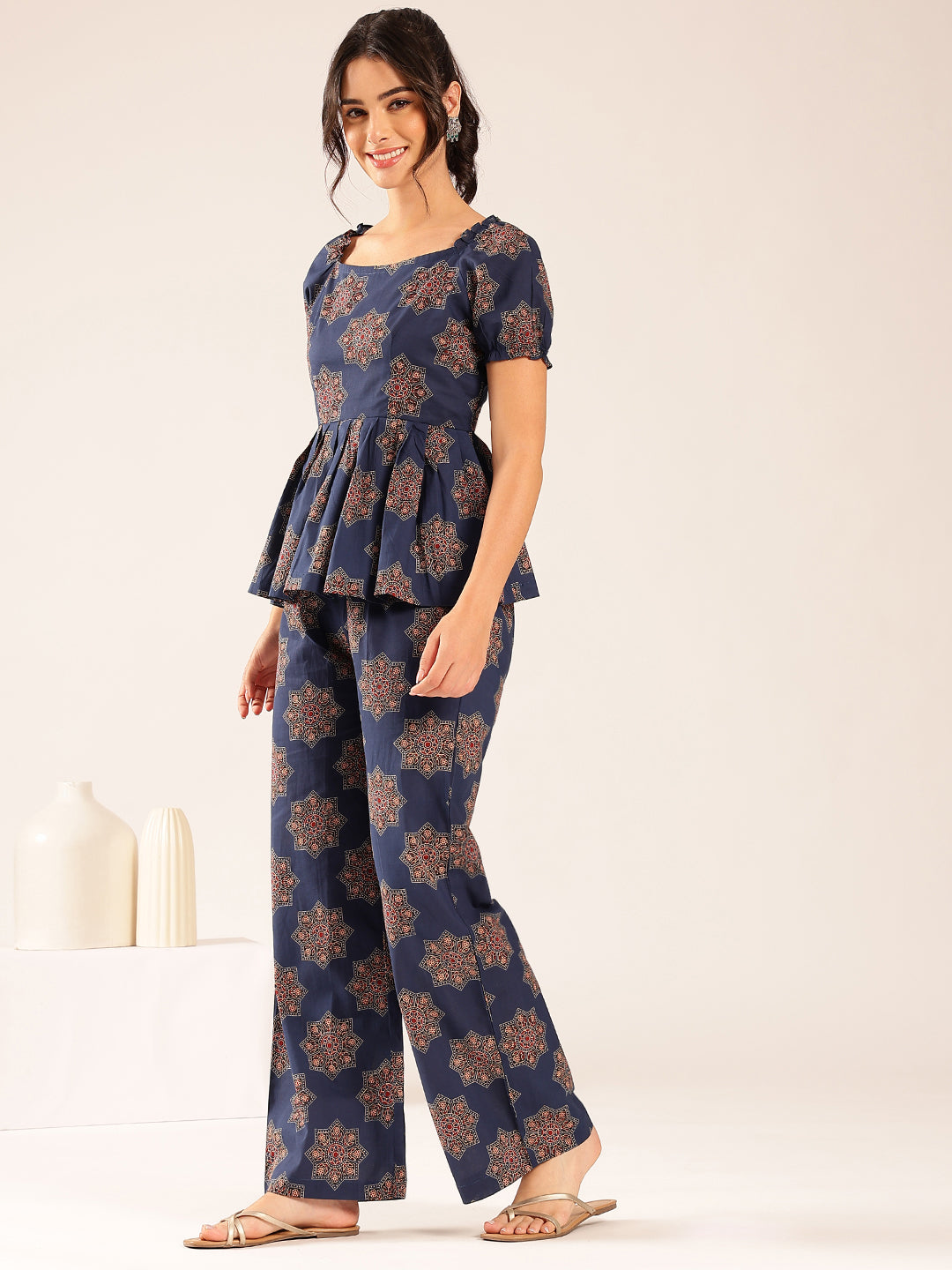 Blue Floral Flared Cotton Stitched Co-Ord Set