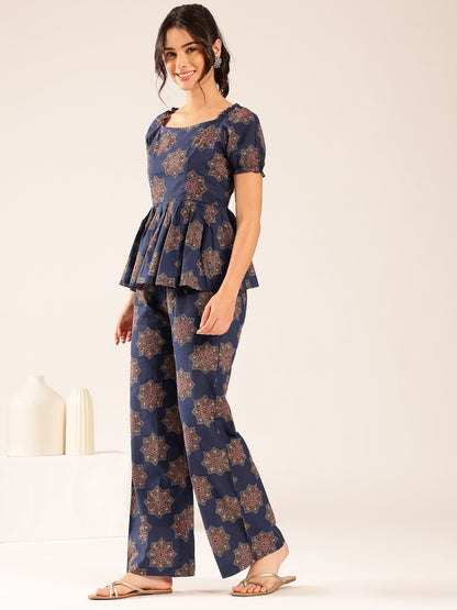 Blue Floral Flared Cotton Stitched Co-Ord Set