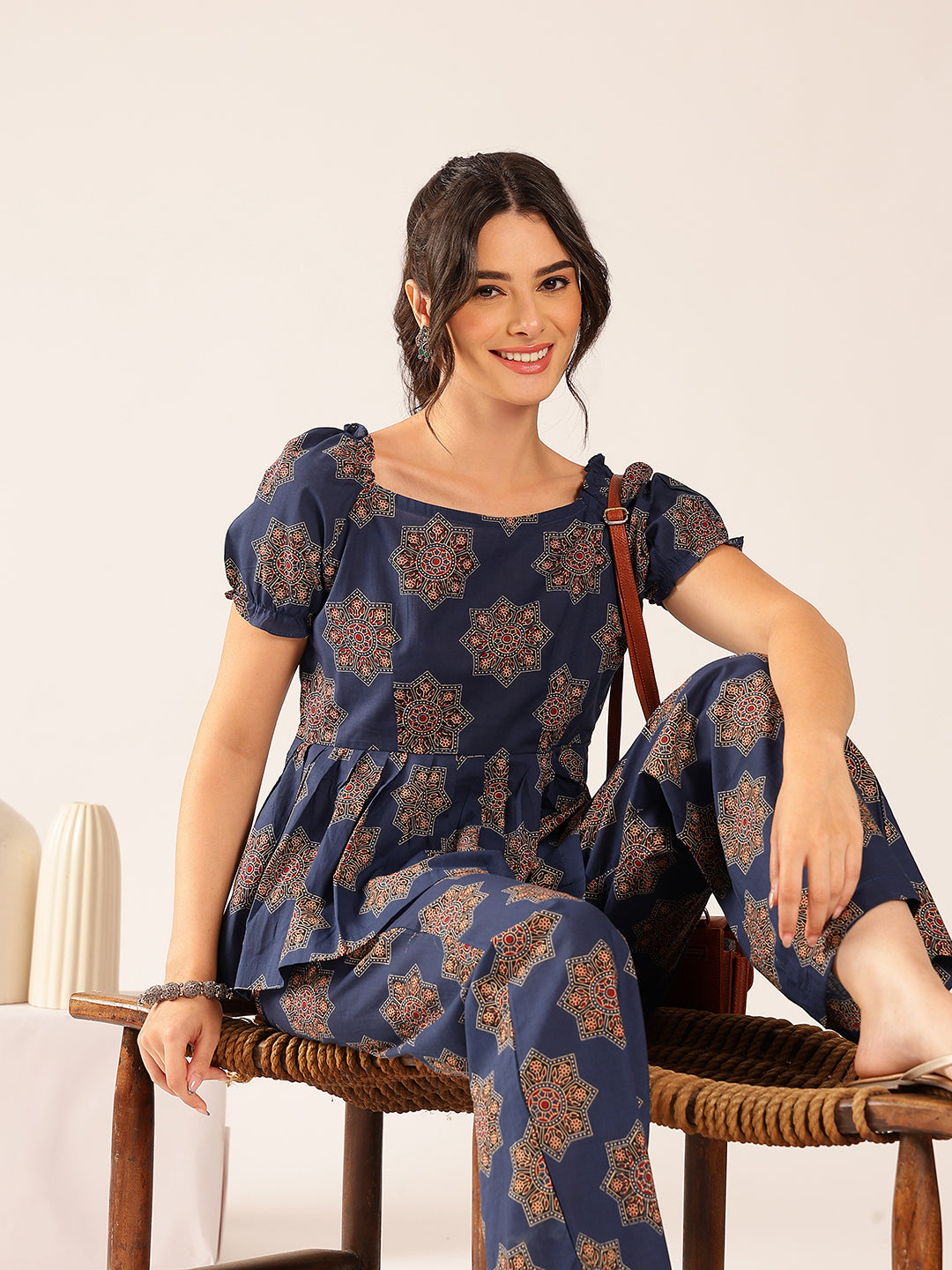 Blue Floral Flared Cotton Stitched Co-Ord Set