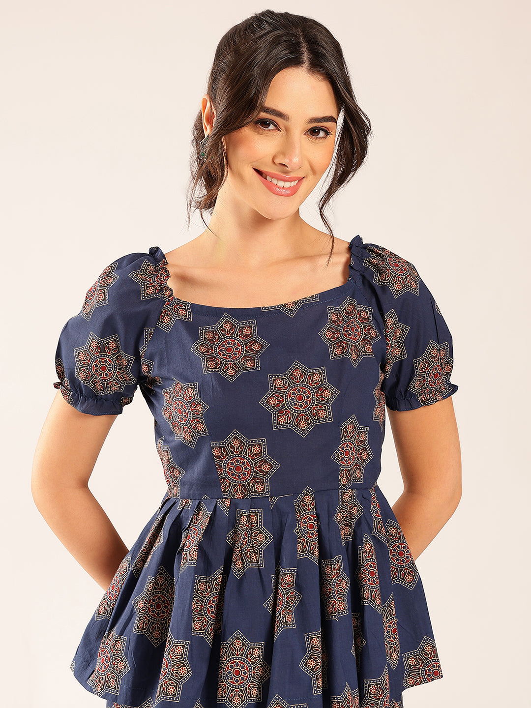 Blue Floral Flared Cotton Stitched Co-Ord Set