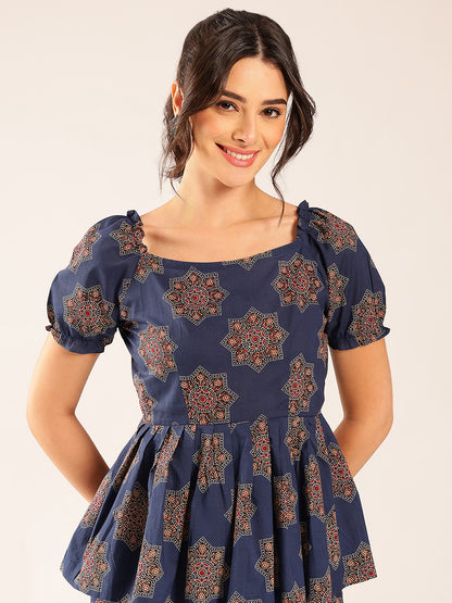 Blue Floral Flared Cotton Stitched Co-Ord Set