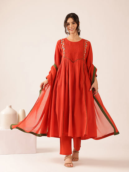 Red Solid Flared Cotton Stitched Kurta Set