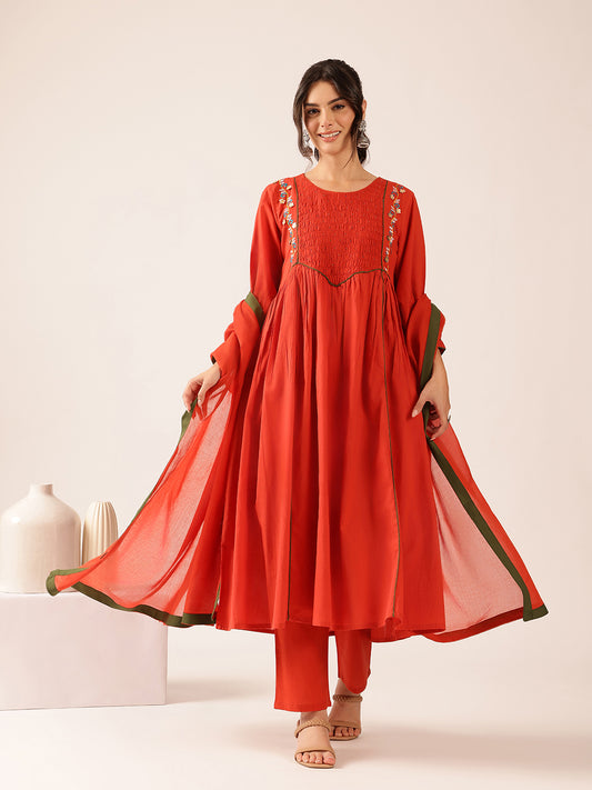 Red Solid Flared Cotton Stitched Kurta Set