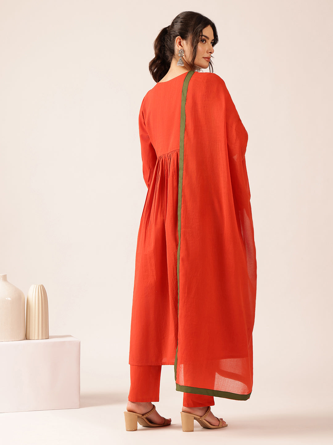 Red Solid Flared Cotton Stitched Kurta Set