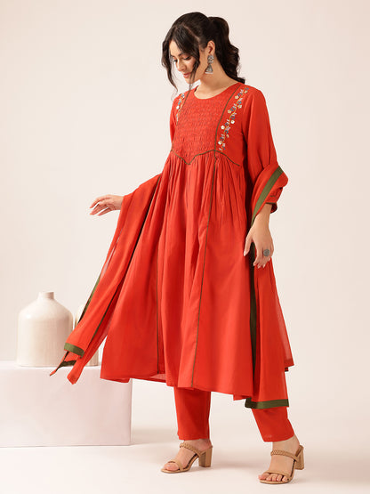 Red Solid Flared Cotton Stitched Kurta Set