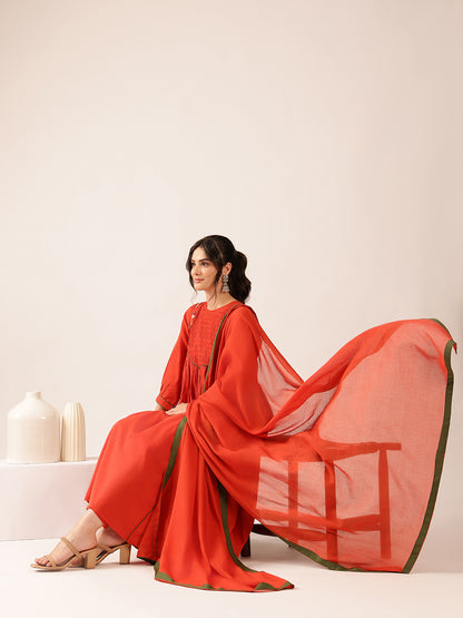 Red Solid Flared Cotton Stitched Kurta Set