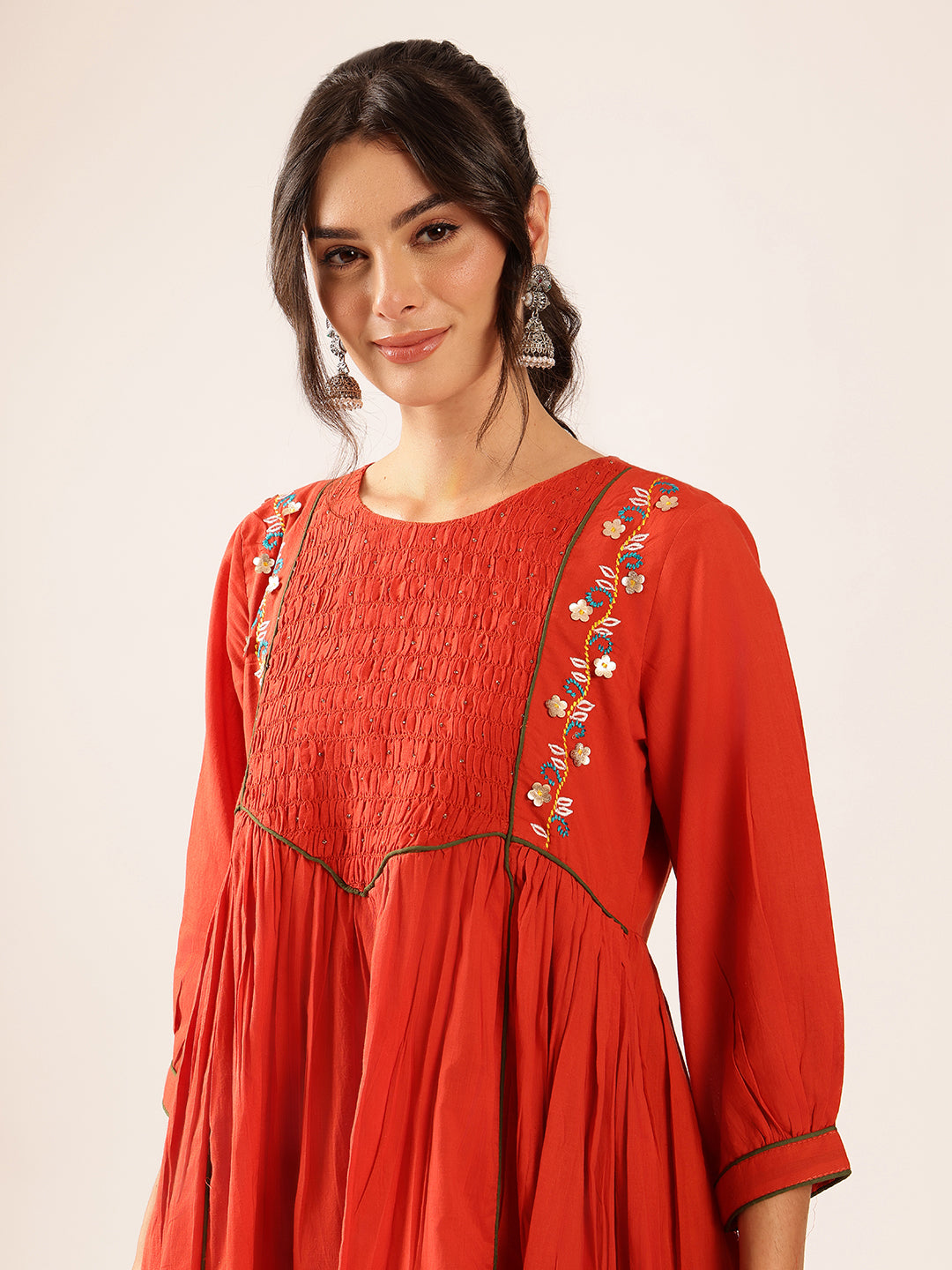 Red Solid Flared Cotton Stitched Kurta Set