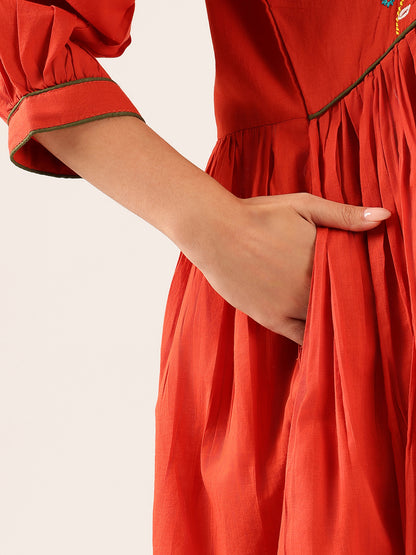 Red Solid Flared Cotton Stitched Kurta Set