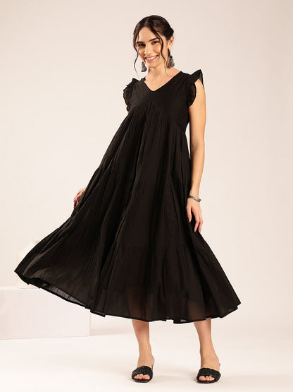 Black Solid Anarakali Cotton Stitched Dress