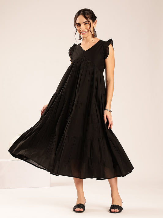 Black Solid Anarakali Cotton Stitched Dress