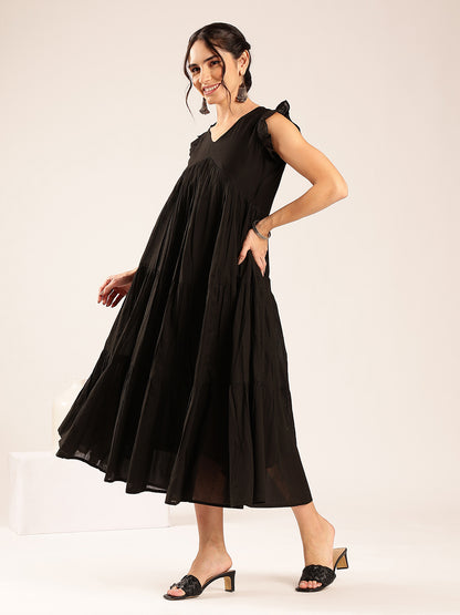 Black Solid Anarakali Cotton Stitched Dress