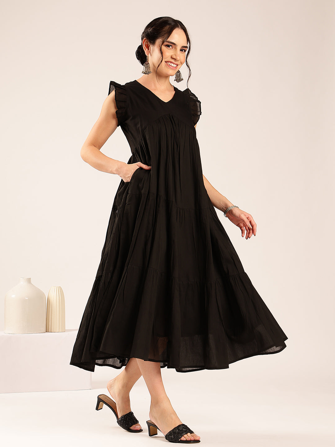 Black Solid Anarakali Cotton Stitched Dress