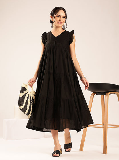 Black Solid Anarakali Cotton Stitched Dress