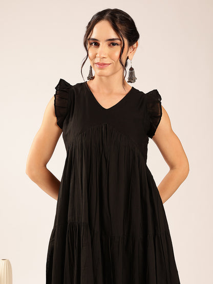 Black Solid Anarakali Cotton Stitched Dress