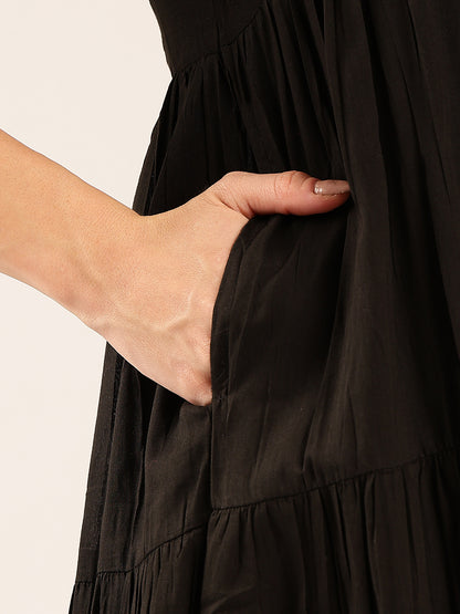 Black Solid Anarakali Cotton Stitched Dress