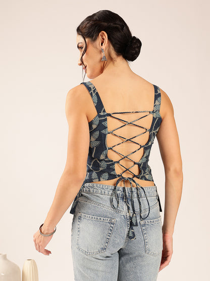 Blue Floral Straight Cotton Stitched Top