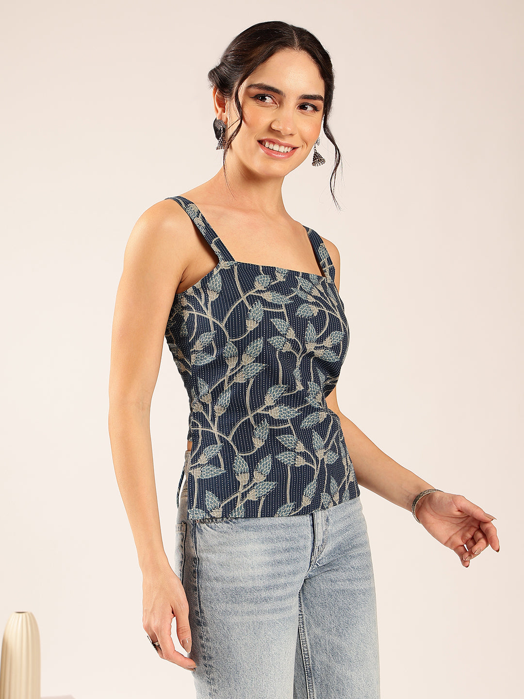 Blue Floral Straight Cotton Stitched Top