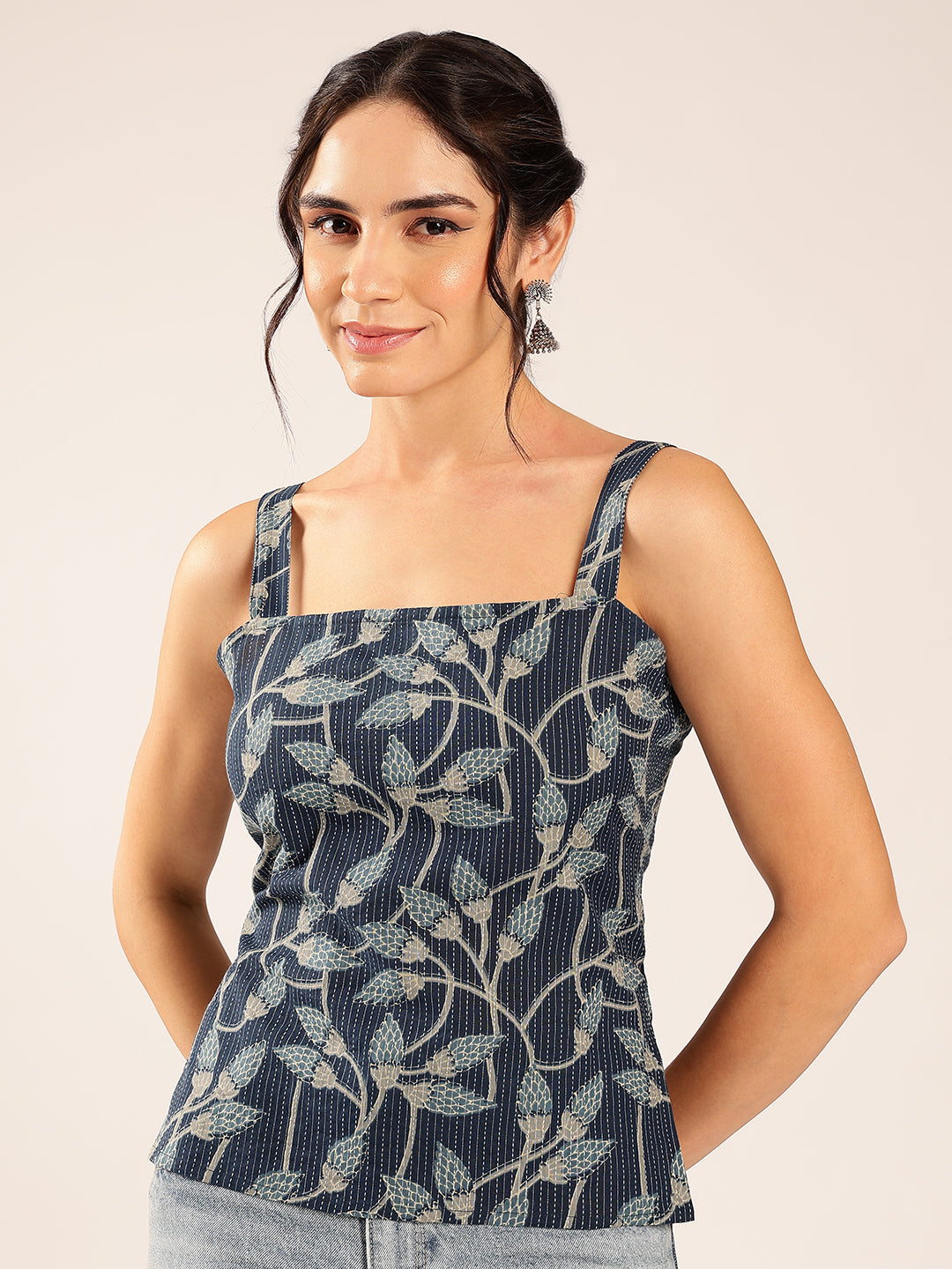 Blue Floral Straight Cotton Stitched Top