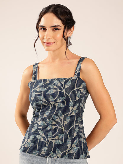 Blue Floral Straight Cotton Stitched Top