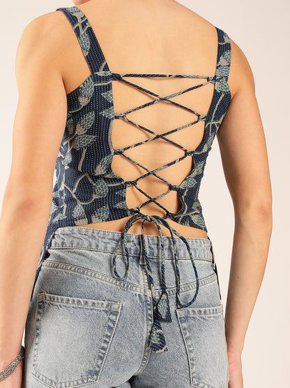 Blue Floral Straight Cotton Stitched Top