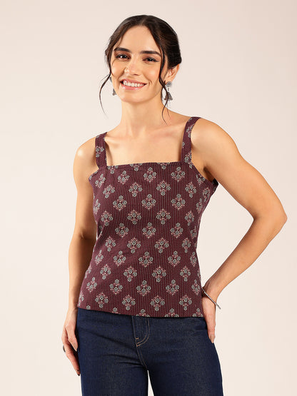 Maroon Floral Straight Cotton Stitched Top