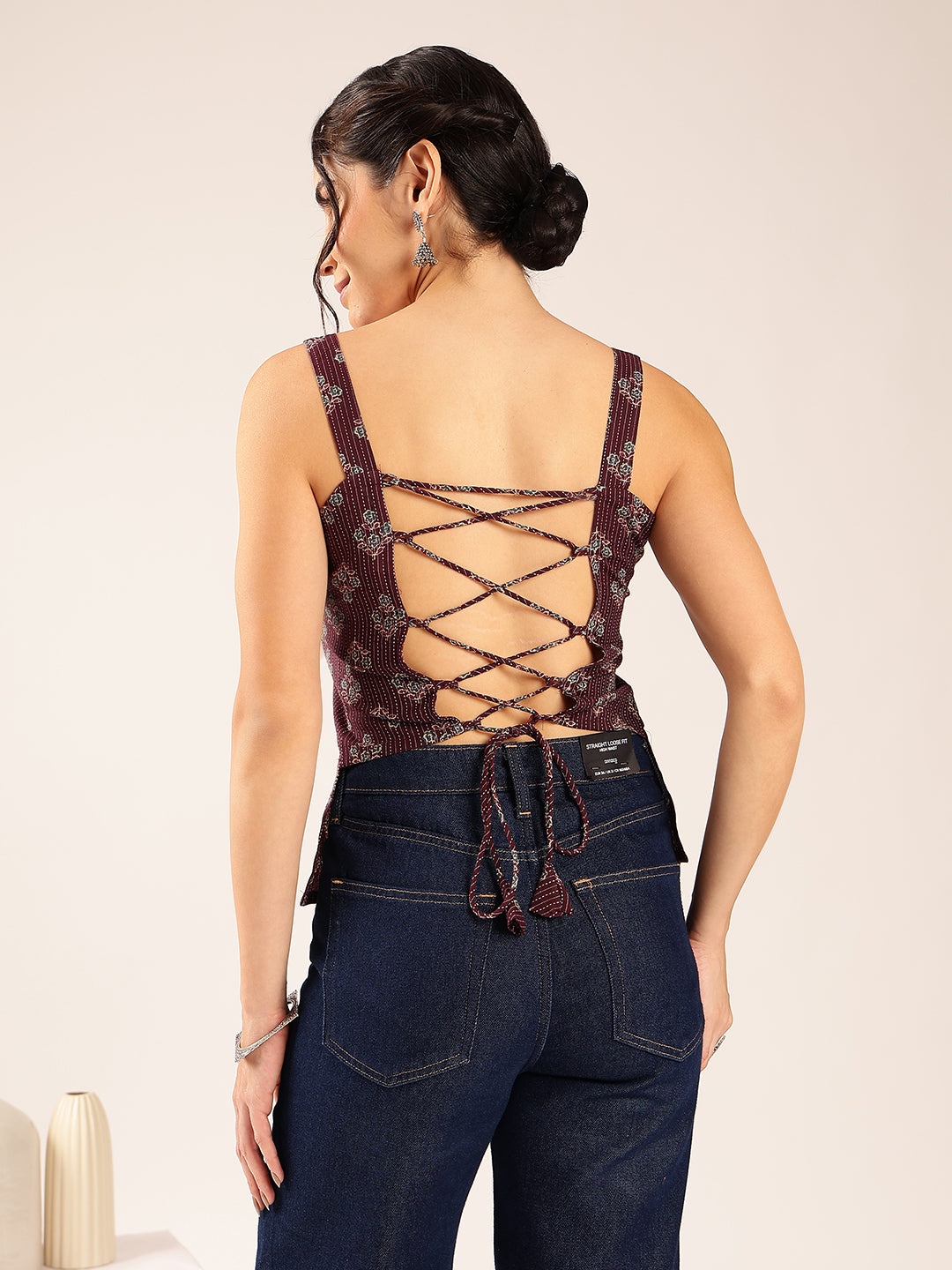 Maroon Floral Straight Cotton Stitched Top