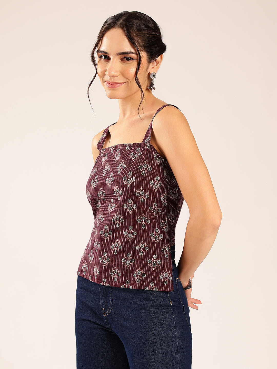 Maroon Floral Straight Cotton Stitched Top