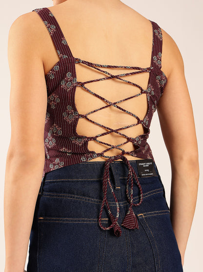 Maroon Floral Straight Cotton Stitched Top