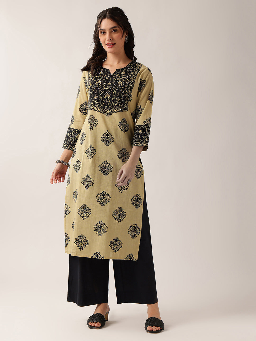 Black Floral Straight Cotton Kurta