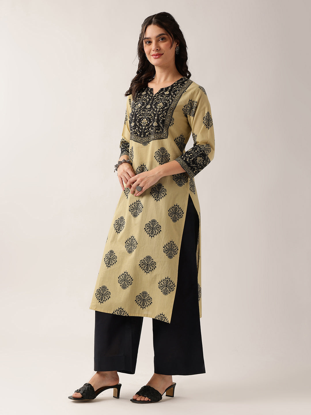 Black Floral Straight Cotton Kurta