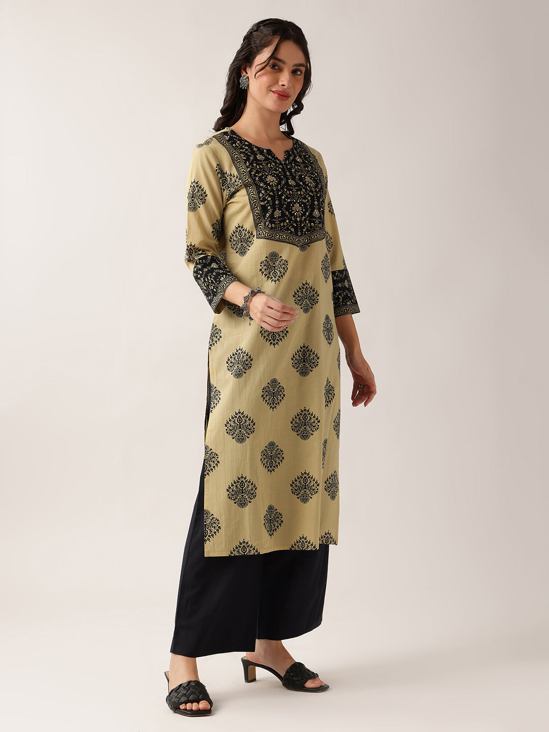 Black Floral Straight Cotton Kurta