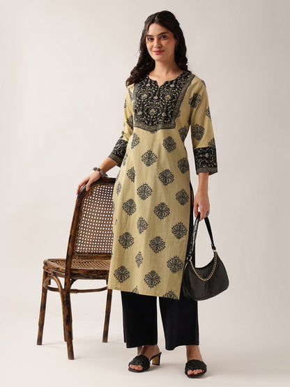 Black Floral Straight Cotton Kurta