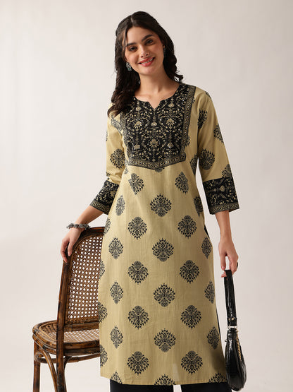 Black Floral Straight Cotton Kurta