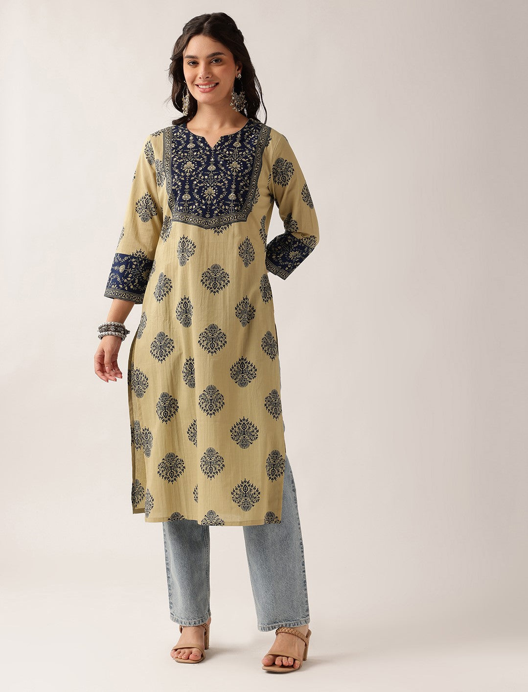 Navy Floral Straight Cotton Kurta