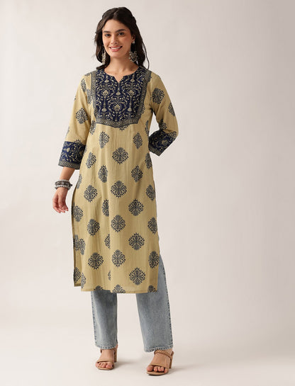 Navy Floral Straight Cotton Kurta