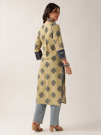 Navy Floral Straight Cotton Kurta